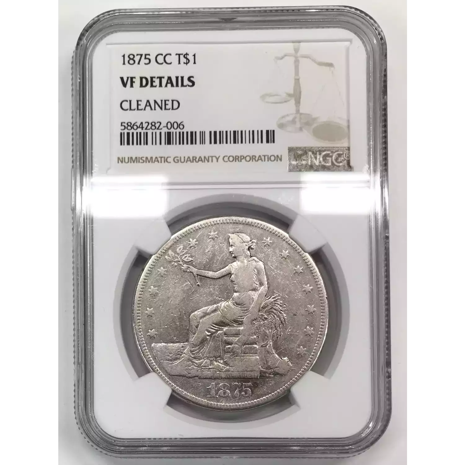 1875 CC Trade Silver Dollar NGC VF Details Old Pueblo Coin