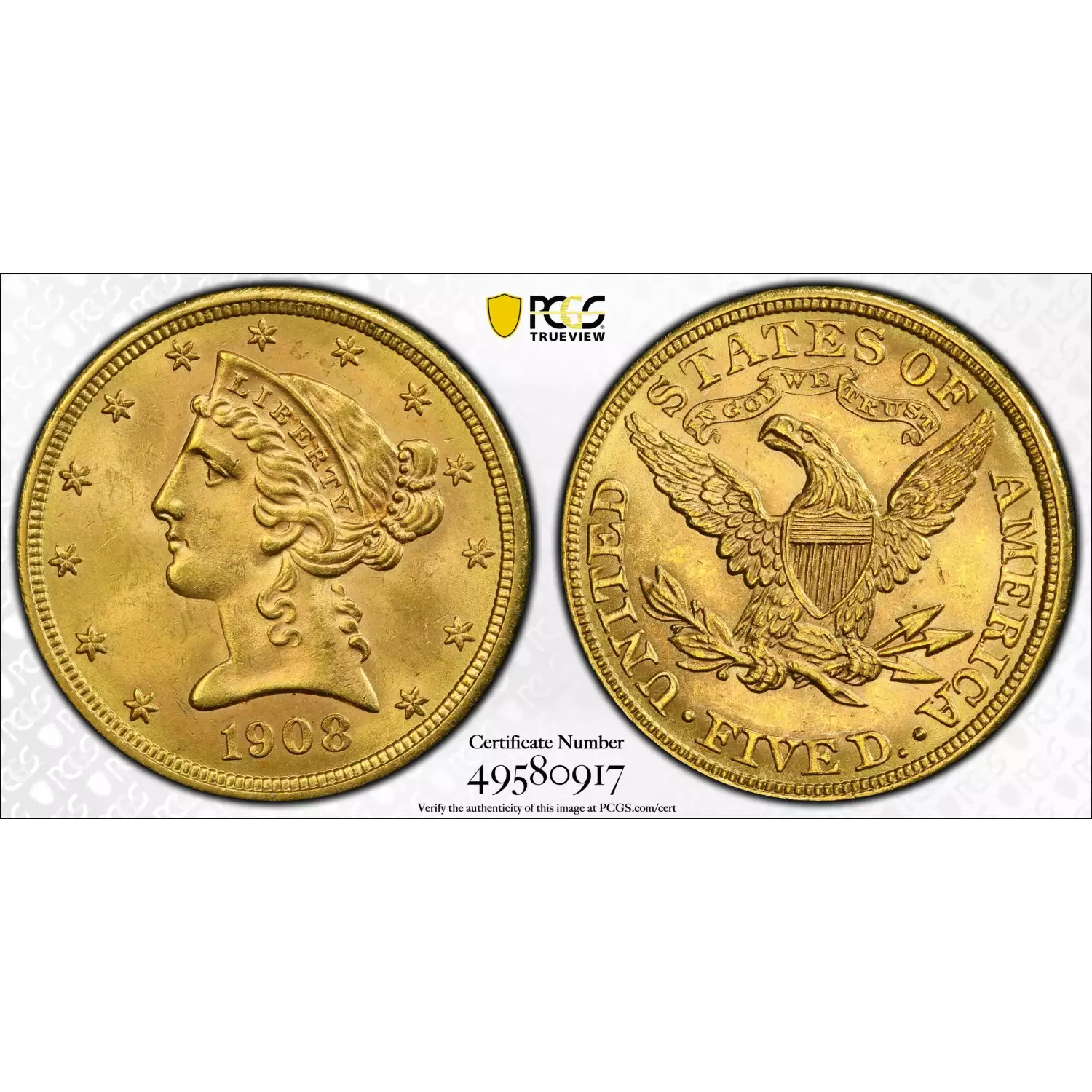 1908 5 Gold Liberty Head Quarter Eagle PCGS MS 64 Liberty Old Pueblo