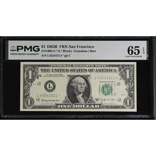 $1 1963-B. Green seal. Small Size $1 Federal Reserve Notes 1902-L* (2)
