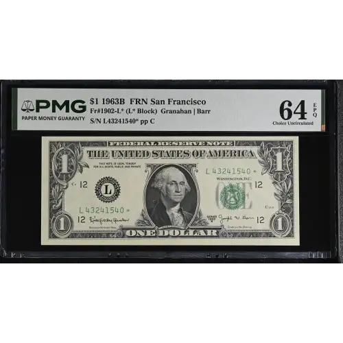 $1 1963-B. Green seal. Small Size $1 Federal Reserve Notes 1902-L* (2)