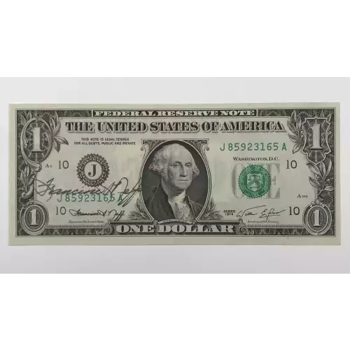 $1 1974 Green seal. Small Size $1 Federal Reserve Notes 1908-J