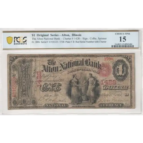 $1 original Red with rays, red serial no., without bank charter no. First Charter Period 380b (2)