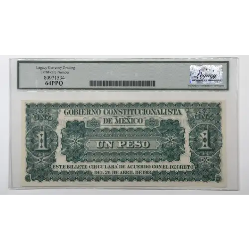 1 Peso 28.5.1913, DECREE OF APRIL 26, 1913  Mexico - Revolutionary S626