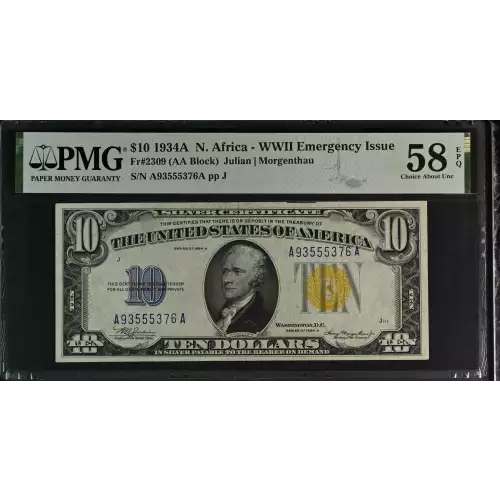 $10 1934-A yellow seal Emergency Notes Issued During WW2 2309