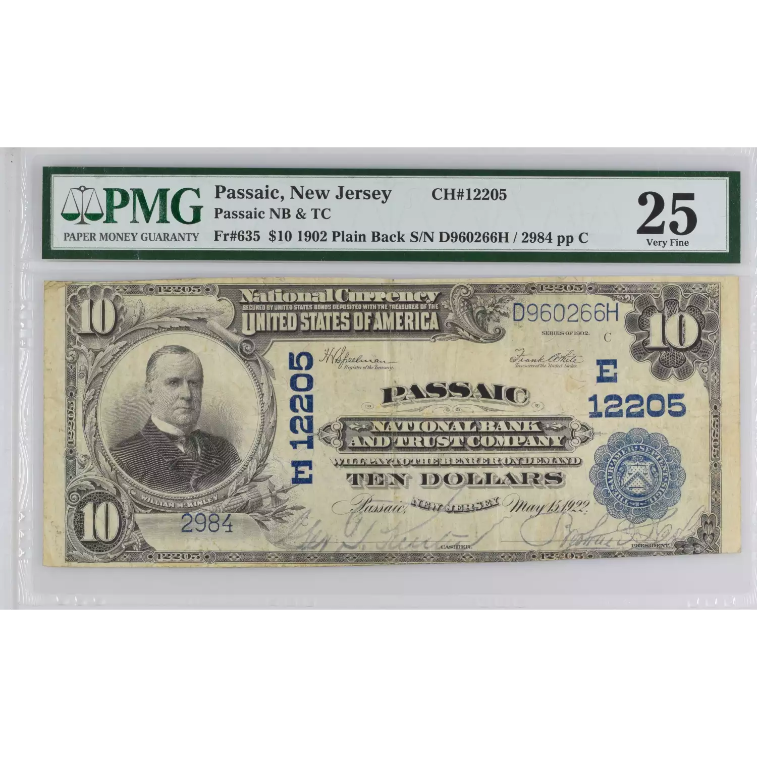 1902 Plain Back $10 National Bank & Trust Company Passaic NJ CH 12205 ...