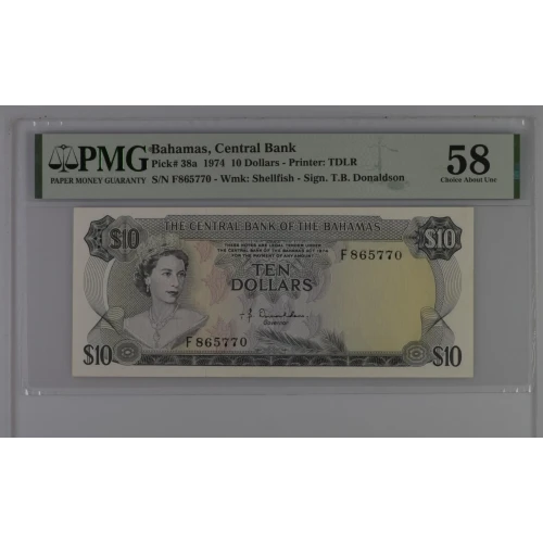 10 Dollars L.1974, 1974 Central Bank Act a. Signature T. B. Donaldson Bahamas 38 (2)