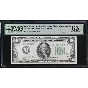 $100 1934-C.  Small Size $100 Federal Reserve Notes 2155-I