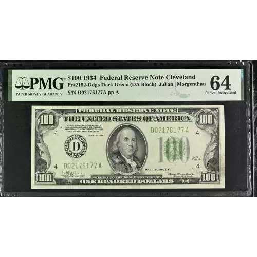 $100 1934 light Green seal. Small Size $100 Federal Reserve Notes 2152-D