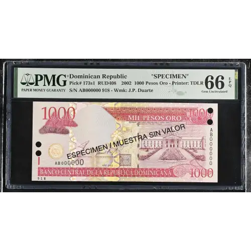 1000 Nouveaux Francs 2002; 2003; 2004, 2001-2002 Issue s1. 2002. Specimen. Overprint in black: ESPECIMEN / MUESTRA SIN VALOR once on each side. Punch hole cancelled Dominican Republic 173 (2)