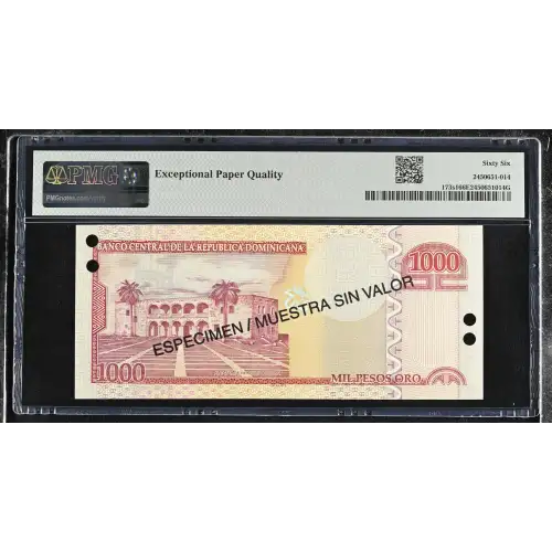 1000 Nouveaux Francs 2002; 2003; 2004, 2001-2002 Issue s1. 2002. Specimen. Overprint in black: ESPECIMEN / MUESTRA SIN VALOR once on each side. Punch hole cancelled Dominican Republic 173 (3)