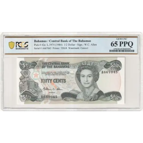 1/2 Dollar L.1974 (1984), 1974 Central Bank Act; 1984 ND Issue a. Issued note Bahamas 42 (2)