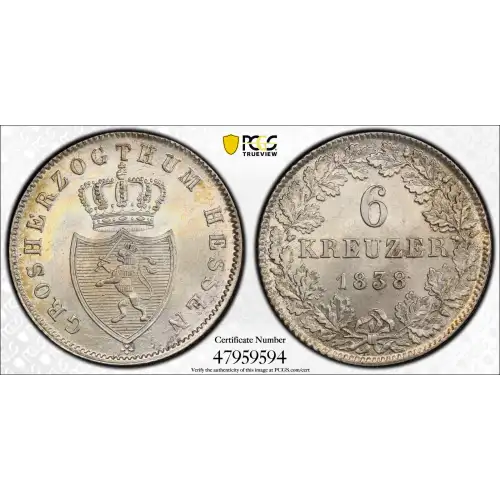 1838 Hess-Darm German States Silver 6 Kreuzer PCGS MS-63 (2)