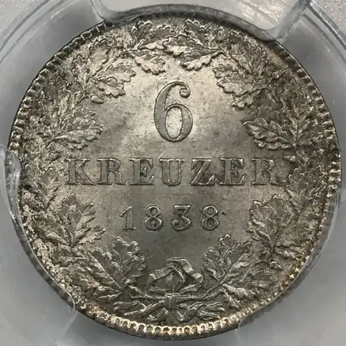 1838 Hess-Darm German States Silver 6 Kreuzer PCGS MS-63 (4)