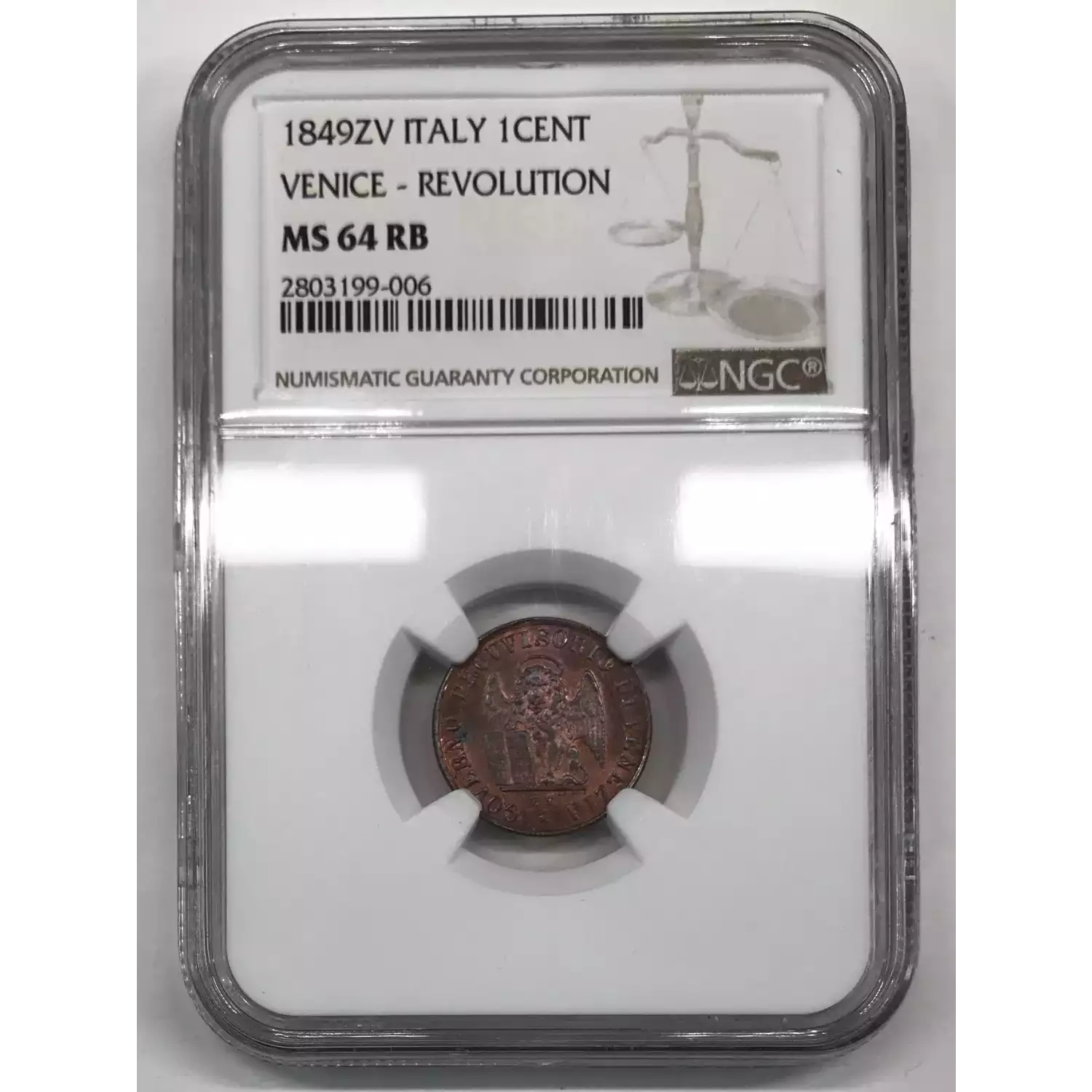 1849-ZV ITALIAN STATES Copper CENTESIMO NGC MS-64 RB VENICE