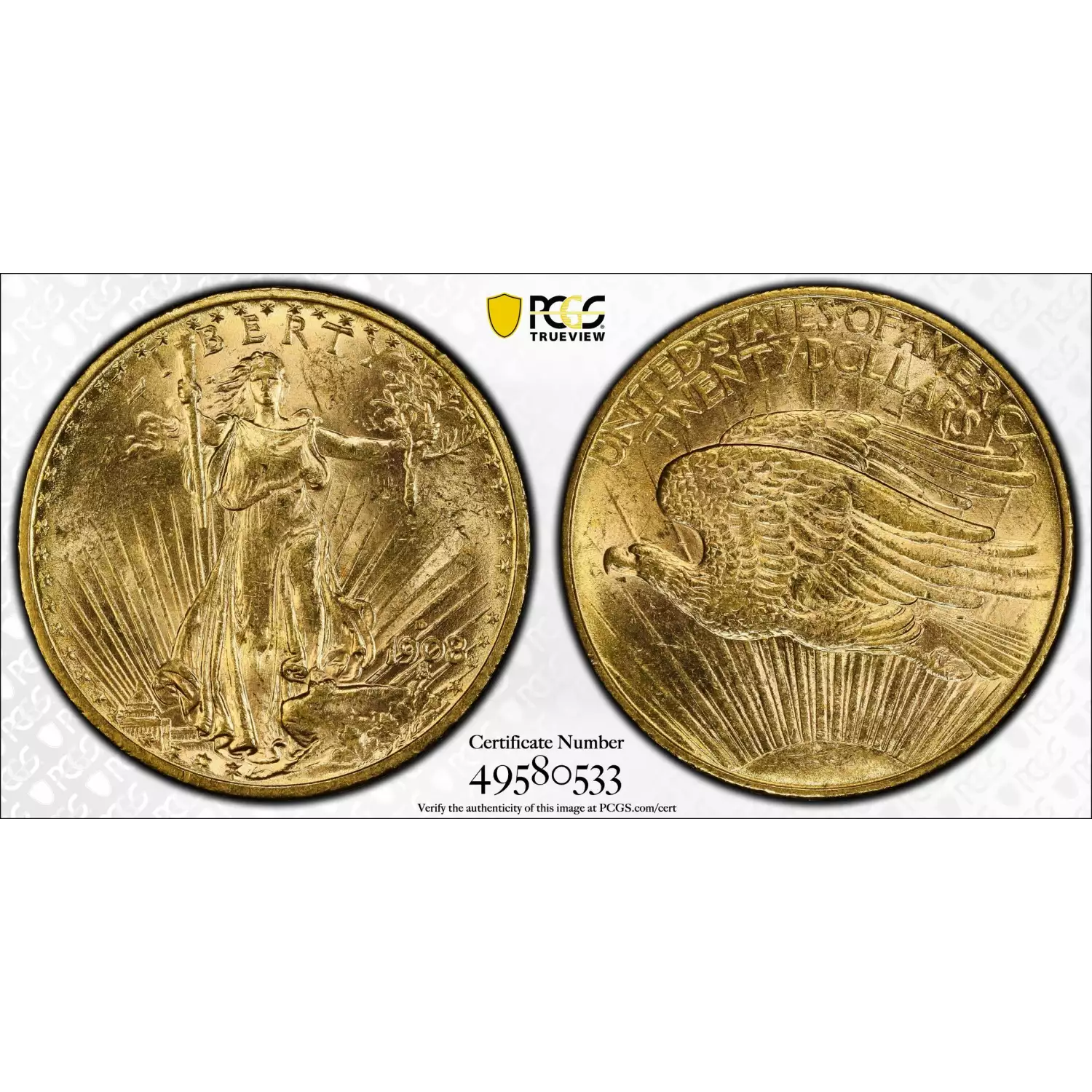 1908-D Saint Gaudens $20 Gold Double Eagle PCGS MS-62 No Motto - Old ...