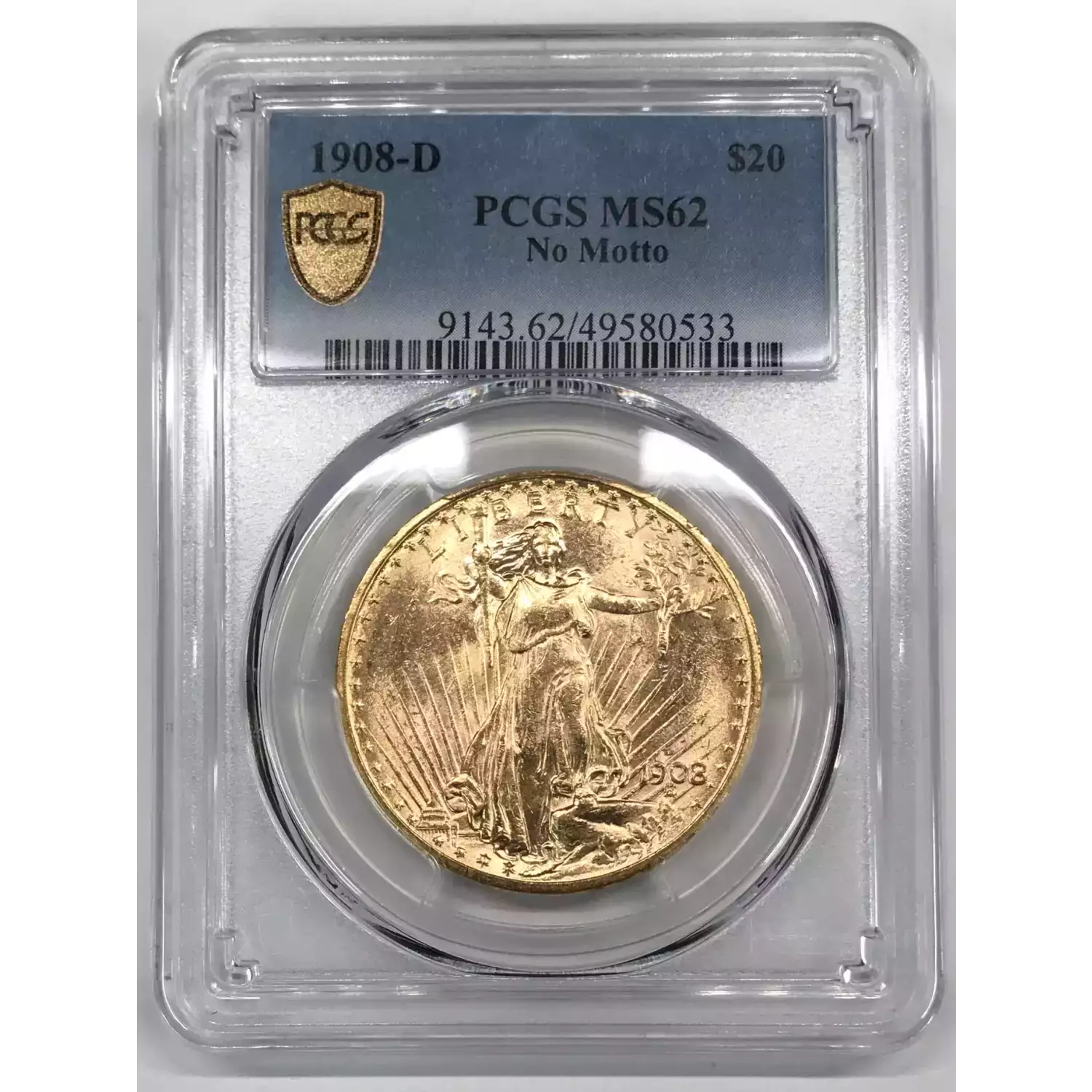 1908-D Saint Gaudens $20 Gold Double Eagle PCGS MS-62 No Motto - Old ...