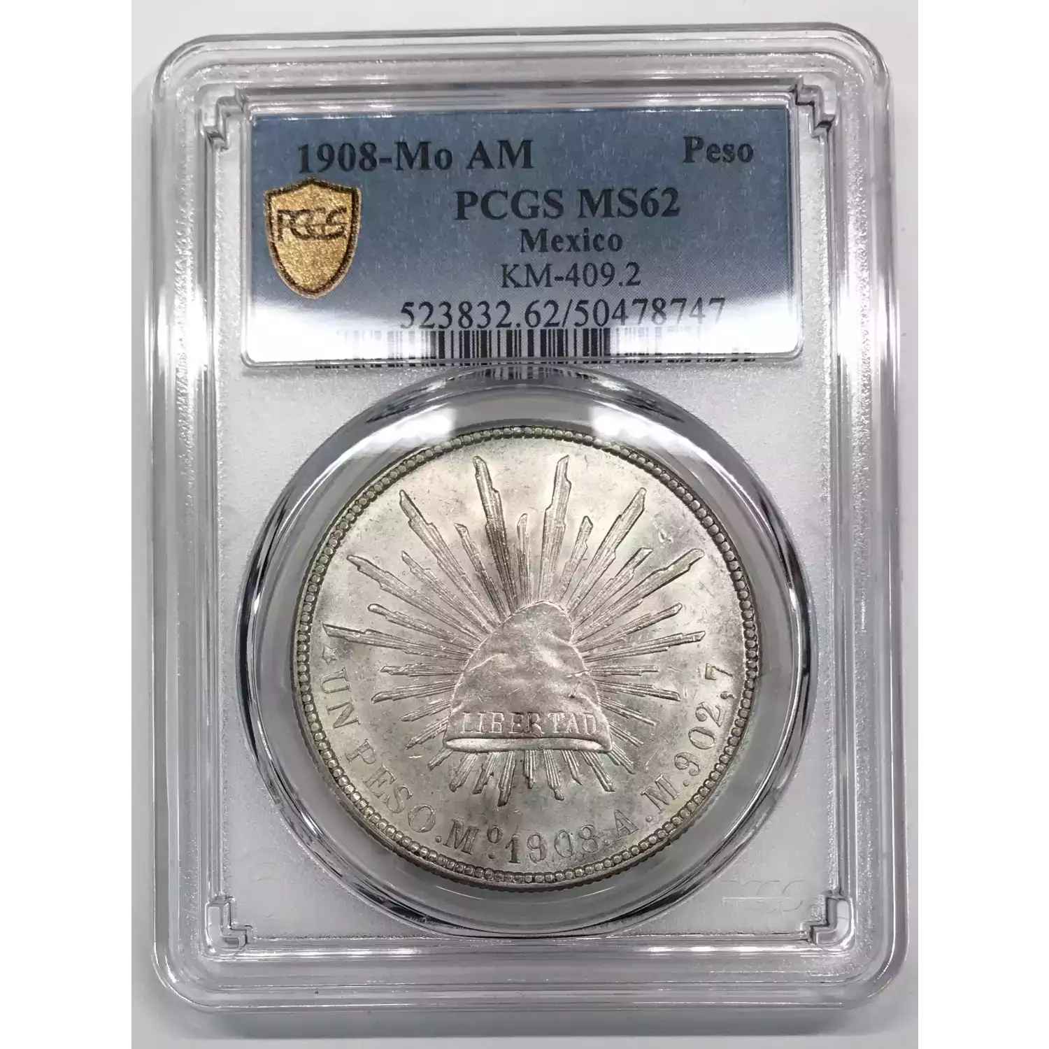 1908-Mo AM MEXICO Silver PESO PCGS MS-62 KM-409.2 - Old Pueblo Coin
