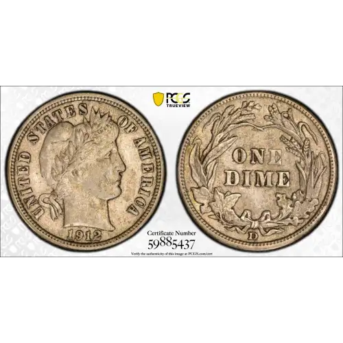 1912 D Barber Liberty Head Dime PCGS AU-50