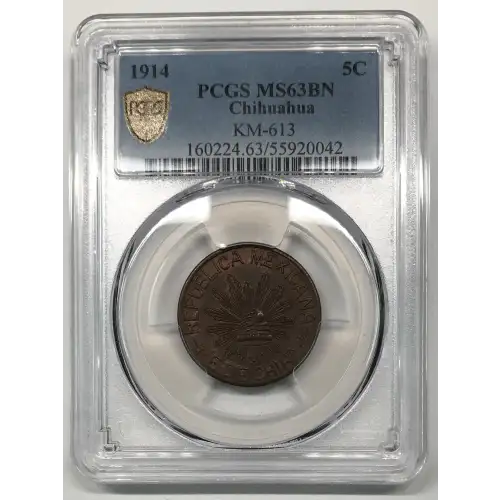 1914 Chihuahua Mexico Revolutionary Copper 5 Centavos PCGS MS-63 BN (3)