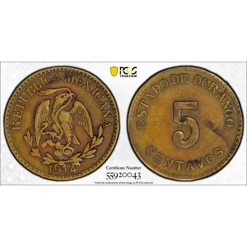 1914 Durango Mexico Revolutionary Brass 5 Centavos PCGS XF Details (2)