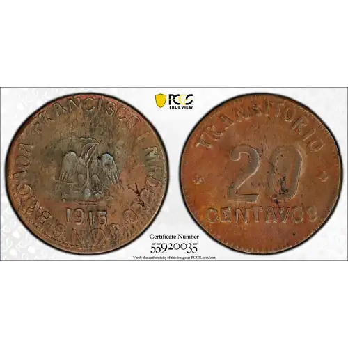 1915 Chiconcuautla, Puebla Mexico Revolutionary Copper 20 Centavos PCGS AU-53 (4)