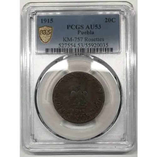 1915 Chiconcuautla, Puebla Mexico Revolutionary Copper 20 Centavos PCGS AU-53