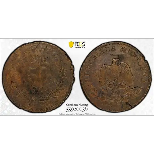 1915 CM GRO Guerrero Mexico Revolutionary Copper 20 Centavos PCGS AU-50 (2)