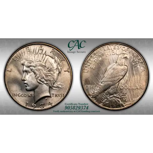 1934 P Peace Silver Dollar CACG MS 65