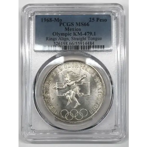 1968-Mo 25 Peso Olympic KM-479.1 Rings Align, Straight Tongue (2)