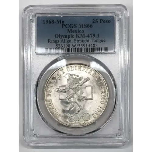 1968-Mo 25 Peso Olympic KM-479.1 Rings Align, Straight Tongue