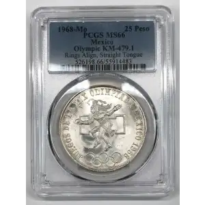 1968-Mo 25 Peso Olympic KM-479.1 Rings Align, Straight Tongue