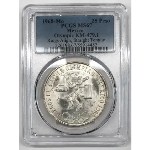 1968-Mo 25 Peso Olympic KM-479.1 Rings Align, Straight Tongue