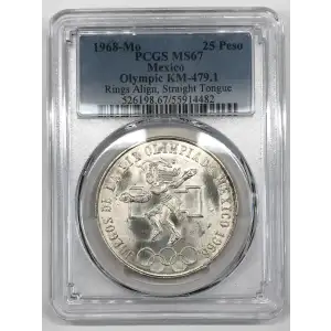 1968-Mo 25 Peso Olympic KM-479.1 Rings Align, Straight Tongue