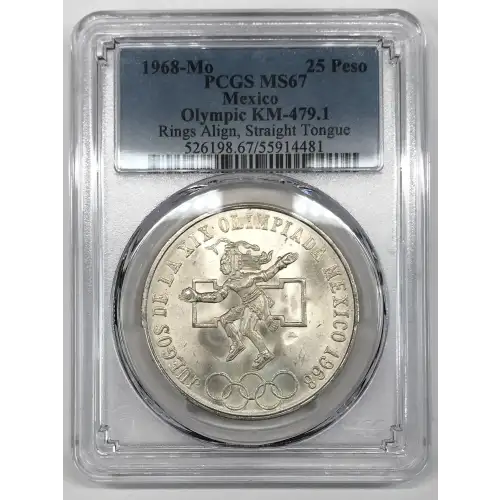 1968-Mo 25 Peso Olympic KM-479.1 Rings Align, Straight Tongue