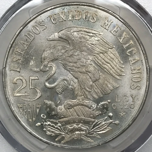 1968-Mo 25 Peso Olympic KM-479.1 Rings Align, Straight Tongue