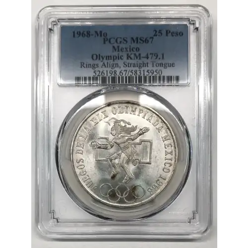 1968-Mo 25 Peso Olympic KM-479.1 Rings Align, Straight Tongue