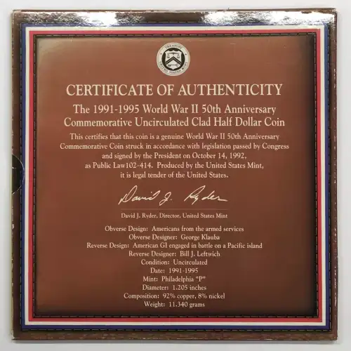 1991-1995 World War II Coin & Victory Medal Set - Uncirculated Clad Half Dollar (4)