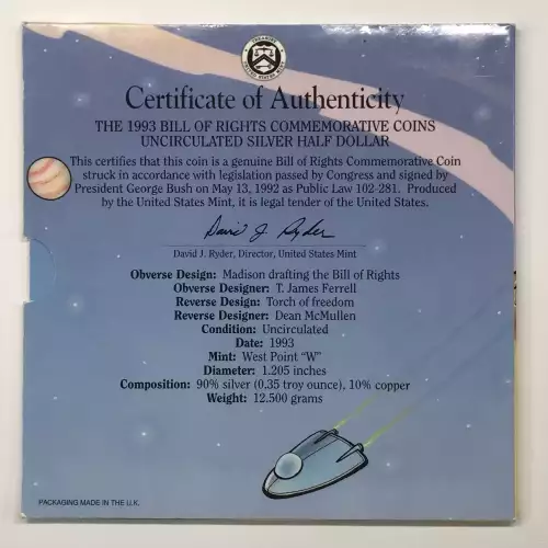 1993 Bill of Rights Uncirculated Half Dollar Young Collector's Set OGP Box & COA (4)