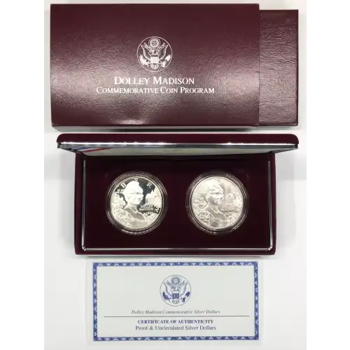 1999 Dolley Madison Two-Coin Proof & Uncirculated Silver Dollar Set US Mint OGP