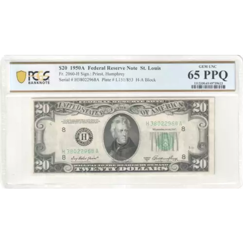 $20 1950-A. blue-Green seal. Small Size $20 Federal Reserve Notes 2060-H (2)