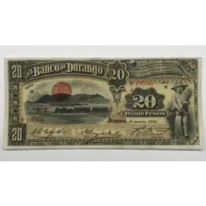 20 Pesos 1891-1914, 1891 ISSUE c. Series H. 1.3.1914; J, March 1914. (BK-DUR-27). Mexico S275