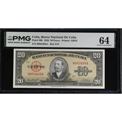 20 Pesos 1949-1960, 1949-1950 Issue b. Red serial #. 1958 Cuba 80 (2)