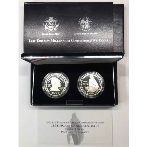 2000-P Leif Ericson Millennium US & Iceland Two-Coin Proof Silver Dollar Set OGP (3)