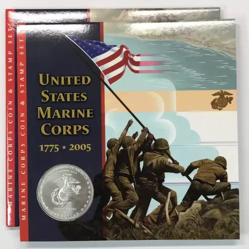 2005 Marine Corps Coin & Stamp Set w OGP - Uncirculated Silver Dollar