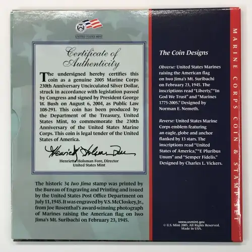 2005 Marine Corps Coin & Stamp Set w OGP - Uncirculated Silver Dollar (5)