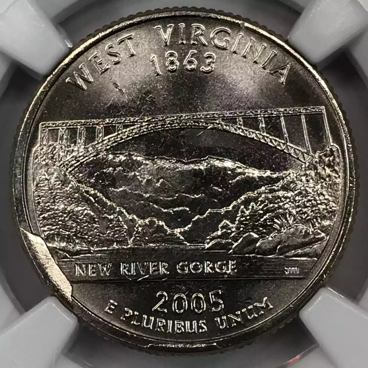 2005 State Quarter NGC MS-66 WEST VIRGINIA OBV DIE BREAK @4:00