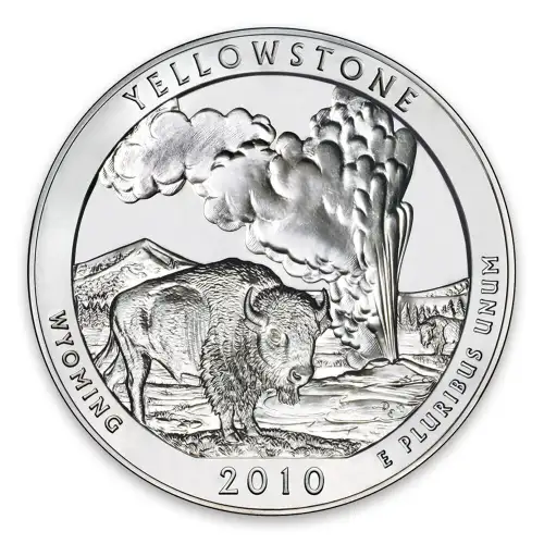 2010 America the Beautiful 5oz Silver - Yellowstone National Park, WY with OGP