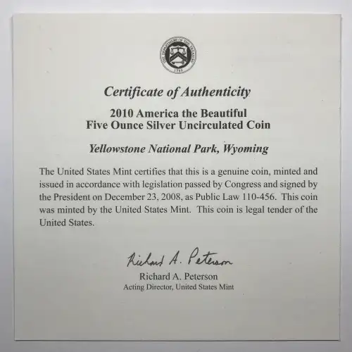 2010-P Yellowstone ATB 5 oz Silver Uncirculated Coin w/ US Mint OGP - Box & COA (4)