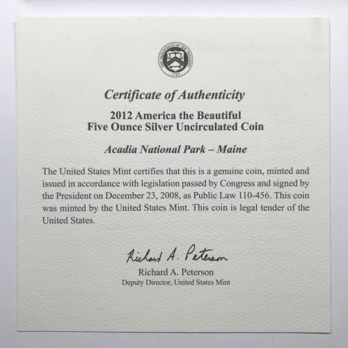 2012-P Acadia ATB 5 oz Silver Uncirculated Coin w/ US Mint OGP - Box & COA (2)