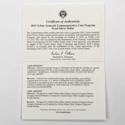 2013-P 5-Star Generals Proof Silver Dollar w US Mint OGP - Box & COA (5)